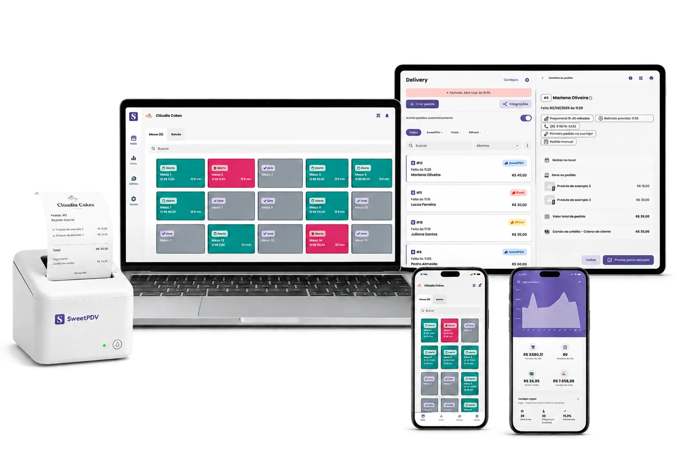 SweetPDV funcionando em notebook, tablet, celulares e impressora térmica